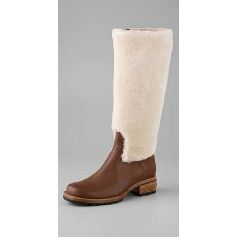 UGG SHEARLING RIDING Chrystie Tall Leather Boots Chestnut Ivory Womens 10